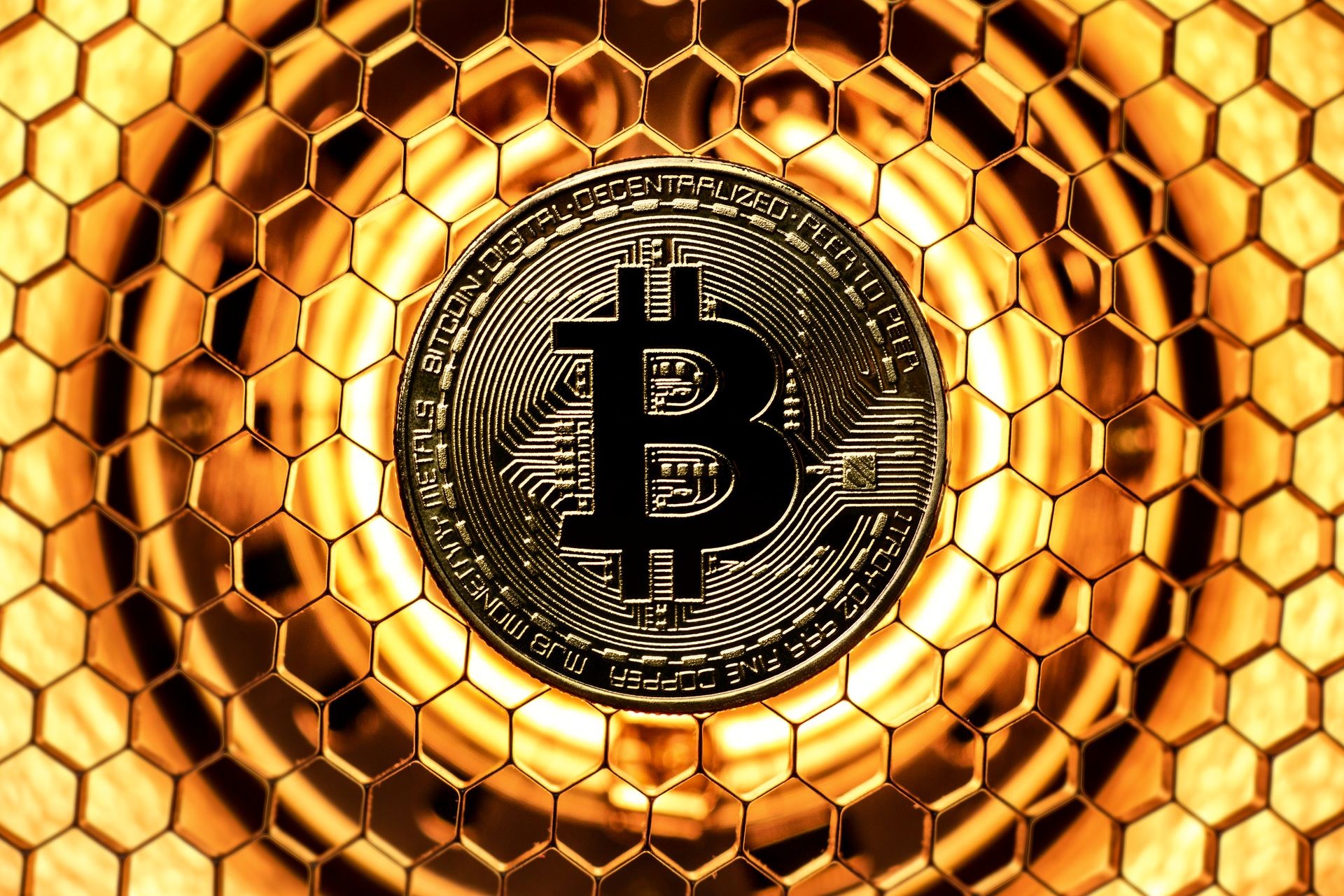 golden bitcoin on honeycombs, modern virtual currency, concept business and finance